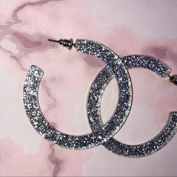 Silver Fun Plastic Glitter Hoop Earrings - Picture 6 of 7